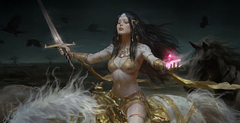 Amazon, kilart, golden, horse, frumusete, art, sword, hand, jewel, pink, fantasy, magical, luminos HD wallpaper