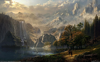 Landscape, Rivers, Trees, Mountains, Horses HD wallpaper