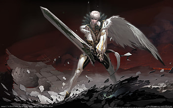 Angel, wings, white, black, sword, art, man, feather, red, game, lineage2 HD wallpaper