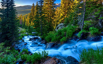 Mountain river serenade, Crystal clear waters flow, Nature's soothing melody, Serenity in motion HD wallpaper
