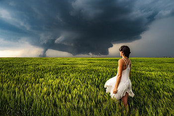Tornado, situation, girl, dress, summer, field, green, vara, cloud HD wallpaper