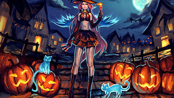 Halloween, pumpkin, girl, anime HD wallpaper