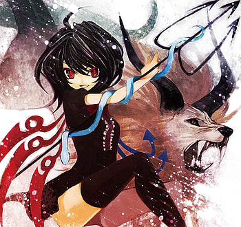 Nue Houjuu, wings, horns, red eyes, black hair, wolf, demon, touhou, pitchfork HD wallpaper