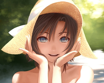 Summer, cute, anime, hat, scenic HD wallpaper