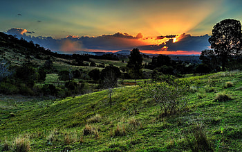 Nature, Sunset, Grass, Sky, Valley HD wallpaper