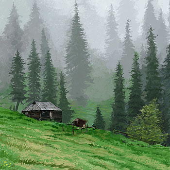 Landscape, Trees, Art, Small House, Lodge, Meadow HD wallpaper