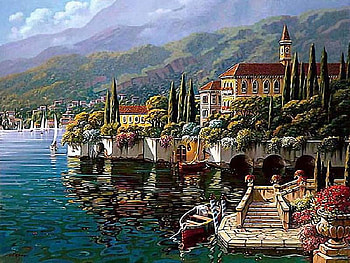 Anicent Village, boat, villages, moutains, steps, clouds, trees, flowers, water HD wallpaper