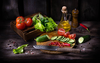Vegetable Still Life, cucumbers, vegetables, tomatoes, knife, oil HD wallpaper