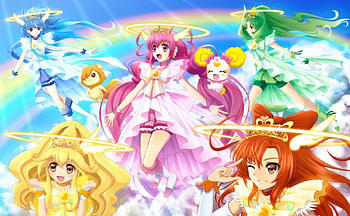 Over the Rainbow, pretty cure, cure happy, nice, 3d, cg, cloud, female, sexy, sweet, hot, girl, cure peace, candy, anime girl, tiara, anime, pretty, cure beauty, twntails, lovely, realistic, float, cute, long hair, royalty, crown, cure march, group, halo, cure sunny, smile precure, magical girl, rainbow, princess HD wallpaper
