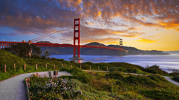 Golden Gate Bridge, San Francisco, Bridge, Nature, Pathway, Ocean, Gate, Clouds, Sky, Pacific, Golden, Fields, Sunset, Sea, Red, Water, United States, Bay HD wallpaper