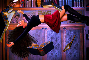 The Magicians, black, girl, wizard, books, fantasy, magical, air, red, game, luminos, floating HD wallpaper
