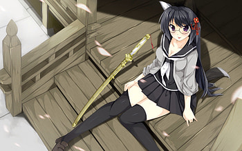 Cute anime girl, skirt, girl, Anime, katana HD wallpaper