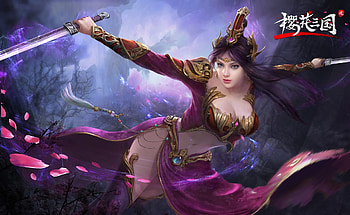 Sword fighter, purple, pink, fantasy, game, girl, luminos HD wallpaper