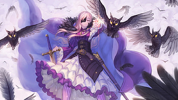 The main Owl, mask, cute, knight, long hair, dress, feather, wing, warrior, female, sexy, wings, bird, eyepatch, sword, hot, girl, owl, armor, blade, anime girl, anime, weapon, fighter, gown HD wallpaper