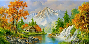 Autumn, art, abolfazl mirzabeygi, orange, mountain, painting, pictura, green, cottage, water, toamna HD wallpaper