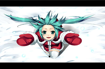 Hatsune Miku, winter, awesome, nice, snow, hatsune, aqua eyes, santa, white, twintail, girl, singer, aqua, anime girl, anime, pretty, virtual, blue, song, cute, vocaloid, beauty, snowflakes, music, vocaloids, program, santa claus, beautiful, diva, mittins, aqua hair, red, christmas, cool, idol HD wallpaper