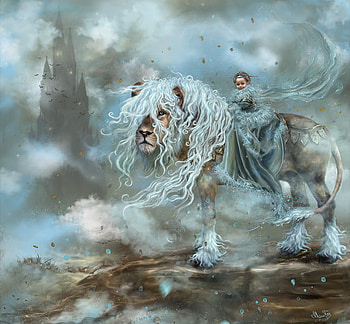 Dreamland, fog, abstract, fantasy, lion, castle, child HD wallpaper