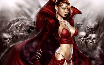 RED HEADED GODDESS, goddess, fantasy, skulls, red HD wallpaper
