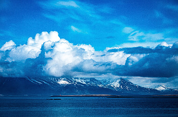 Blue sky, clouds, mountains, winter, sea, nature HD wallpaper