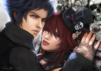 anime, mini gat, red eyes, red hair, black hair, green eyes HD wallpaper