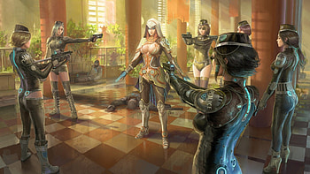 Sci-Fi Fantasy Police Scene, sci-fi, girls, police, fantasy HD wallpaper