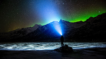 Night, Dark, Starry Sky, Human, Person, Northern Lights, Aurora Borealis, Flashlight HD wallpaper