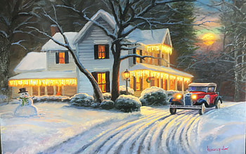 Christmas in Park City, artwork, restaurant, painting, snow, car, cottage, road, vintage HD wallpaper