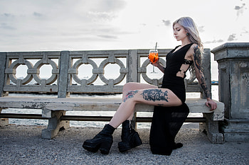 Michela Navarra, tattoo, model, dress, drink HD wallpaper