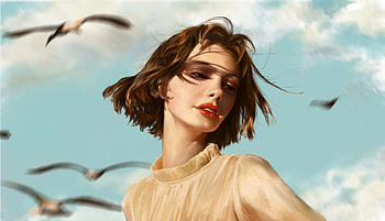 Kiki, blue, gitl face, bird, fantasy, yellow, girl, panpan HD wallpaper