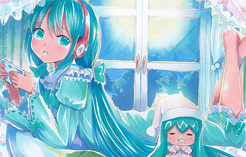 Time For Bed, night, mayo riyo, ponytails, blue eyes, game console, heads, hatsune miku, window, blue hair, vocaloid, long hair, anime, moon, friends, asleep HD wallpaper