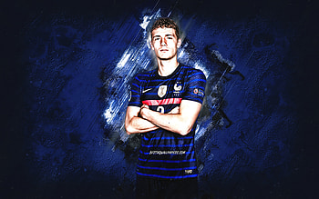 Benjamin Pavard, France national football team, French footballer, portrait, France, football, grunge art, blue stone background HD wallpaper