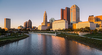 Columbus skyline, Water horizon, Dusk evening reflection, Tower block R HD wallpaper