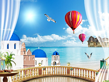 Blue sky and Beach, Balcony, Balloons, Sunshine, Sky, Clouds HD wallpaper