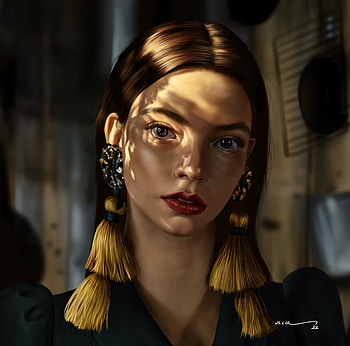 Anya Taylor Joy, earrings, art, fantasy, portrait, face, jinsung lim, actress, girl HD wallpaper