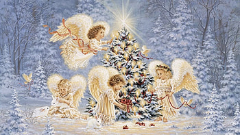 Christmas Angels, trees, winter, light, angels HD wallpaper