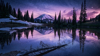 Purple Evening on Mountain Lake, winter, night, blue, awesome, ns, reflections, sunrise, nice, sunbeam, scenery, 1920x1080, amazing, water, sunset, sunshine, mirror, scene, trunk, landscape, beautiful, tree, lake, mountain, purple, pine, cool, clouds, sky HD wallpaper