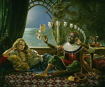 Michael Cheval - Sabana con mis palabras, sea, mask, art, smile, man, surrealist, guitar, girl, oriental, odalisque, woman, harlequin, painting, michael cheval, water HD wallpaper
