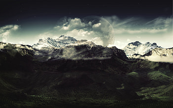 Nature, Mountains, Clouds, Moon, Height, Colors, Color, Paints, Gloomy, Shades, Mystic, Mysticism HD wallpaper