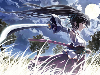 The Way Of The Samurai, night, full moon, anime, samurai, girls, grass HD wallpaper
