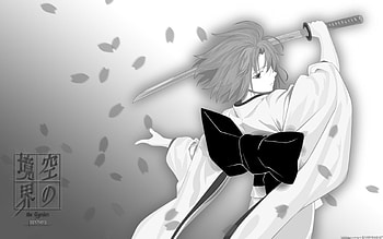Monochrome, kimono, black, cute, short hair, warrior, female, bow, sexy, white, sword, grey, ribbon, hot, girl, traditional cloths, petal, blade, anime girl, anime, samurai, weapon, fighter, katana HD wallpaper