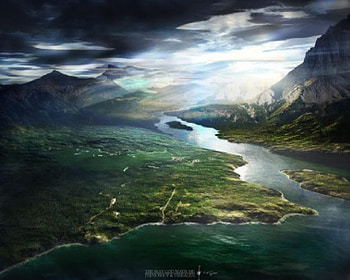Terragen, river, gree, sky, nature, mountains, water HD wallpaper