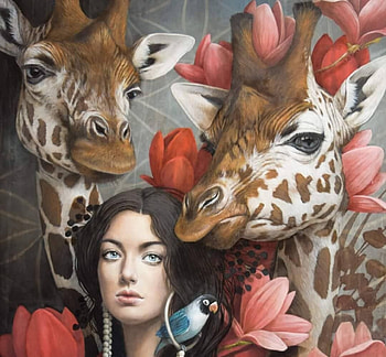 :), pink, art, painting, sophie wilkins, pictura, giraffe, girl, magnolia, flower HD wallpaper