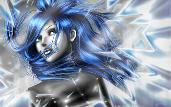 aluka, black, blue eyes, ice grils, short hair, blue hair HD wallpaper