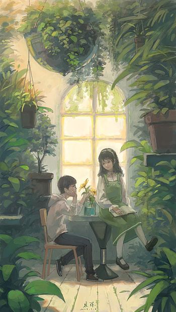 Art, Flowers, Girl, Window, Guy, Greenhouse HD phone wallpaper