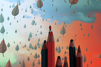 Man, leaf, pencil, surreal, artwork HD wallpaper