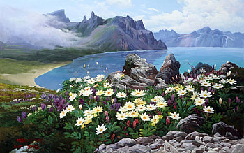 Morning at the lake, fog, blossoms, clouds, flowers, sky, mountains, water HD wallpaper