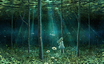 :), green, kazami ehoh, anime, underwater, girl, manga, water HD wallpaper
