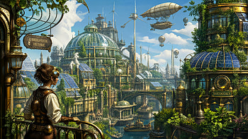 Verdant Solarpunk Metropolis —, Airship, Cityscape HD wallpaper