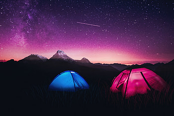 Starry Haven Dome Tents Tourists And A Purple Sky At Night, artist, artwork, digital-art, sky, night HD wallpaper