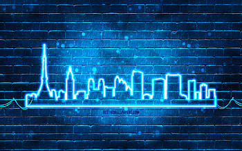Tokyo blue neon silhouette, , blue neon lights, Tokyo skyline silhouette, blue brickwall, japanese cities, neon skyline silhouettes, Japan, Tokyo silhouette, Tokyo HD wallpaper